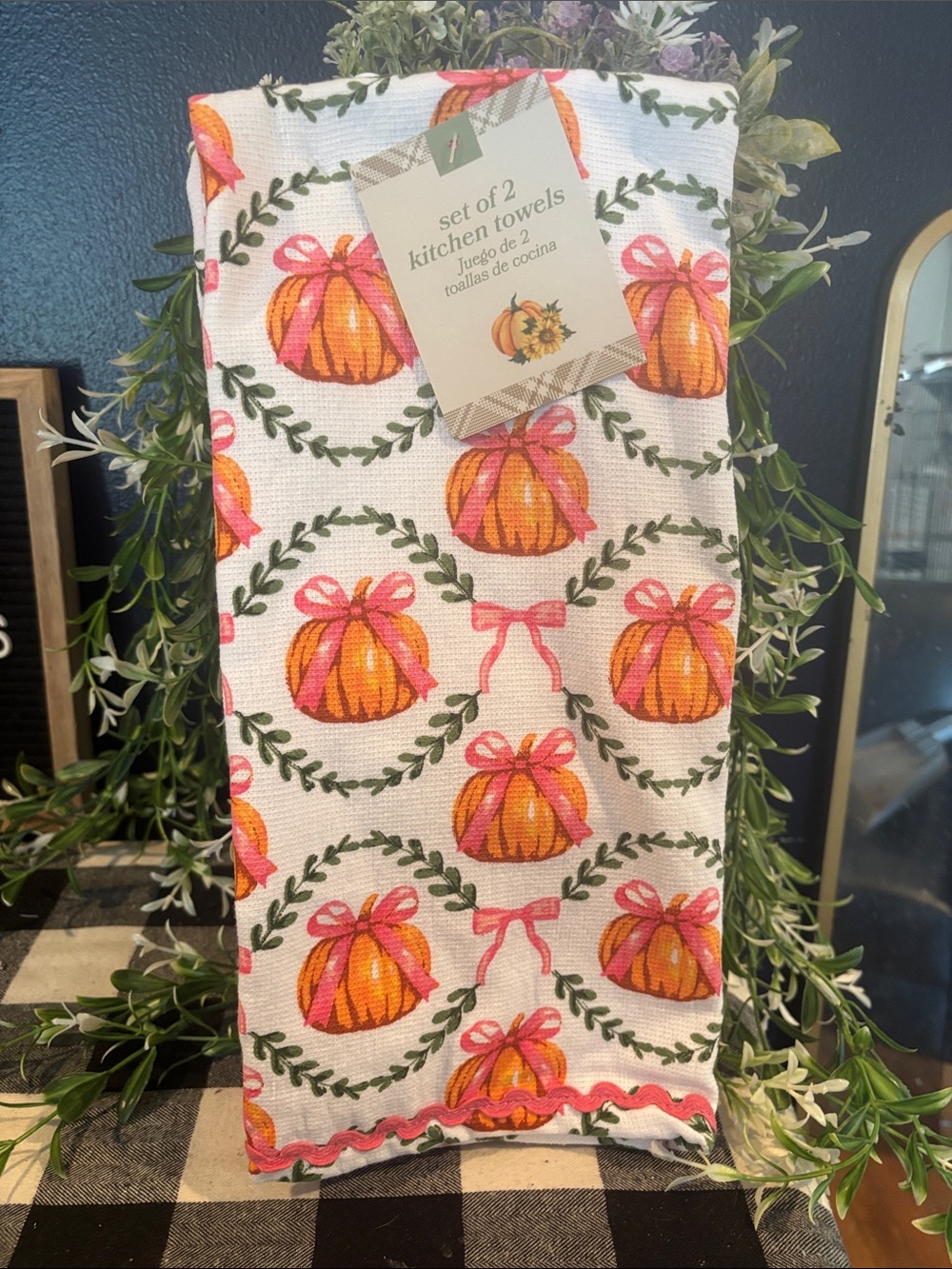 Set of 2 Pumpkin Wreath Kitchen Towels - Fall Harvest